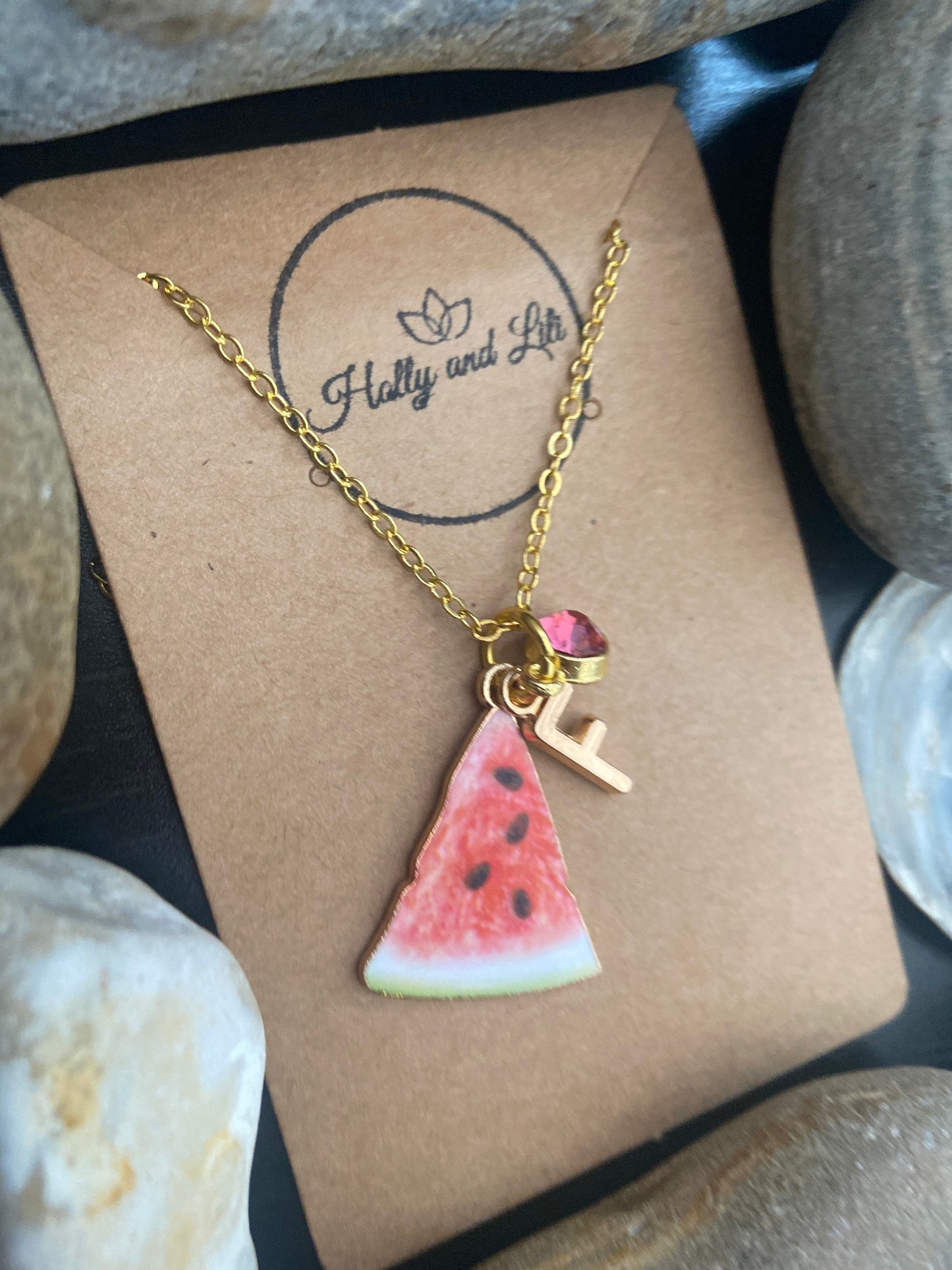 Watermelon Fruit Slice, Personalised Pendant Charm Necklace, Alphabet Initials, Birthstone Charms, First Necklace, Cute Unique Gift For Her