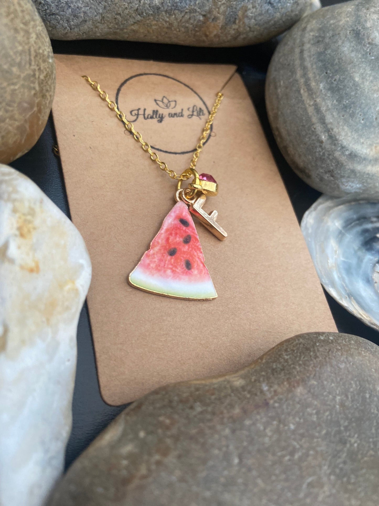 Watermelon Fruit Slice, Personalised Pendant Charm Necklace, Alphabet Initials, Birthstone Charms, First Necklace, Cute Unique Gift For Her