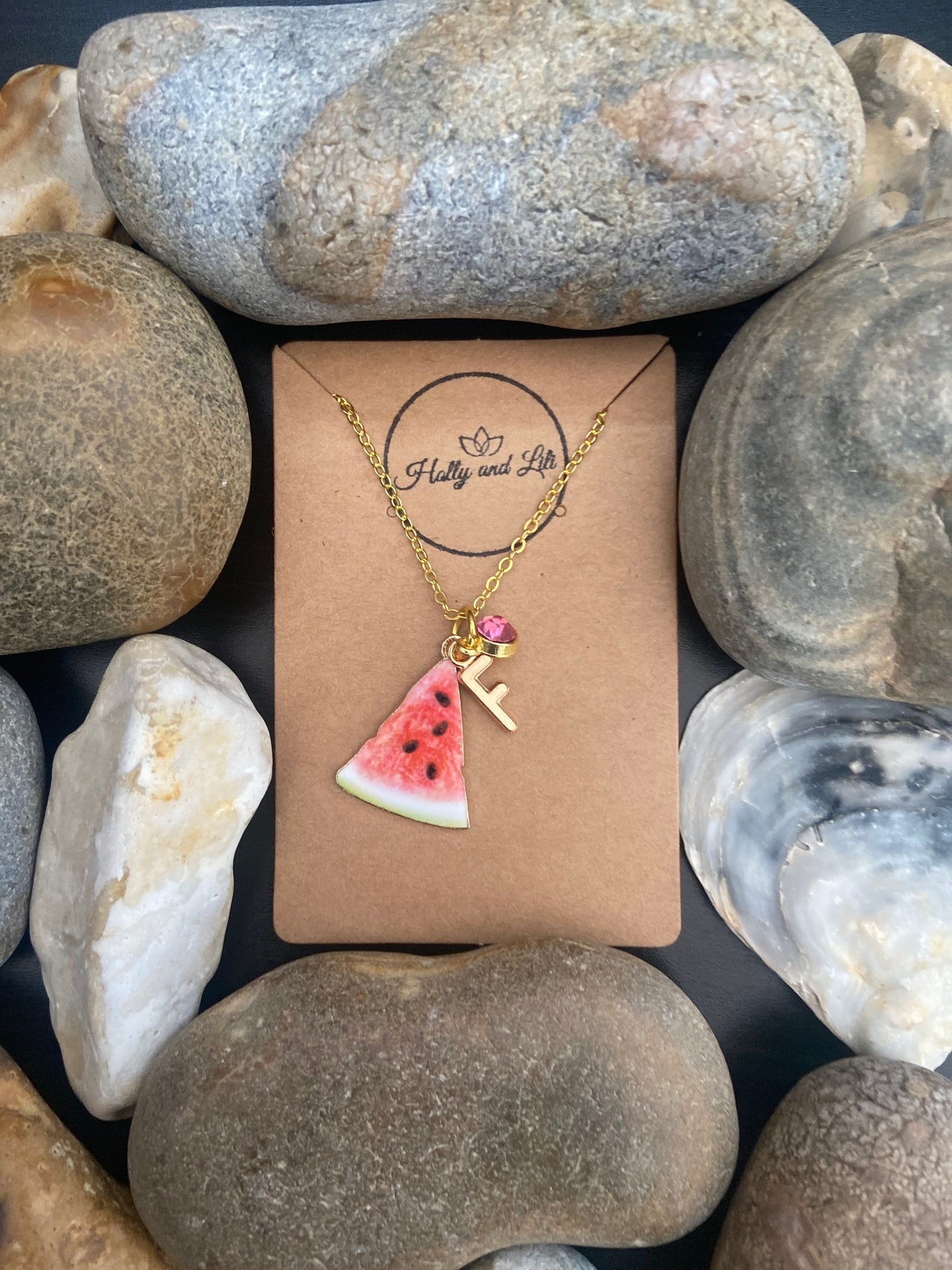 Watermelon Fruit Slice, Personalised Pendant Charm Necklace, Alphabet Initials, Birthstone Charms, First Necklace, Cute Unique Gift For Her