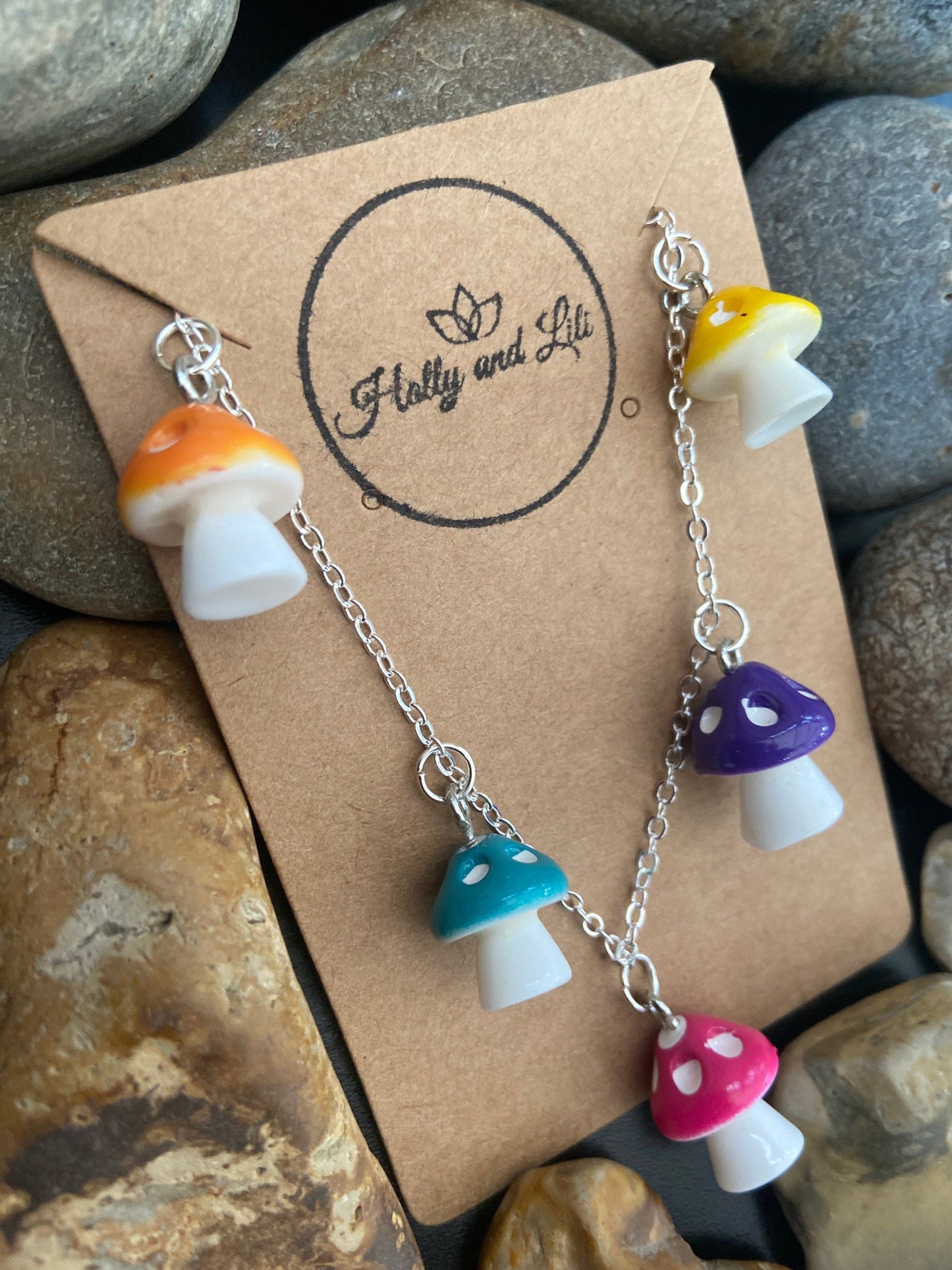 Mushroom 5 Charm Necklace, 8 Colours, Personalised Novelty Mushroom Pendant Necklace, First Necklace, Cute Unique Gifts, From Holly And Lili