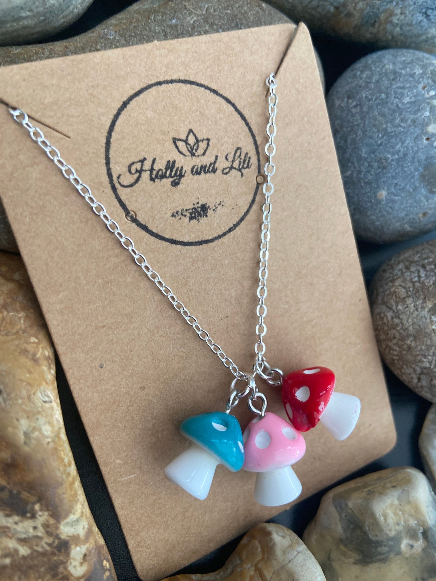 Mushroom 3 Charm Necklace, 8 Colours, Personalised Novelty Mushroom Pendant Necklace, First Necklace, Cute Unique Gifts, From Holly And Lili