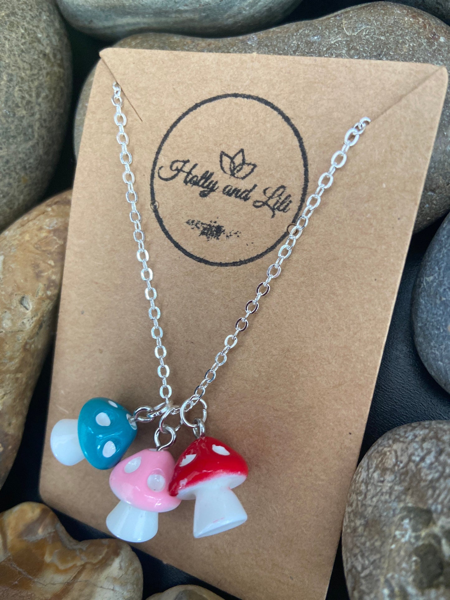 Mushroom 3 Charm Necklace, 8 Colours, Personalised Novelty Mushroom Pendant Necklace, First Necklace, Cute Unique Gifts, From Holly And Lili