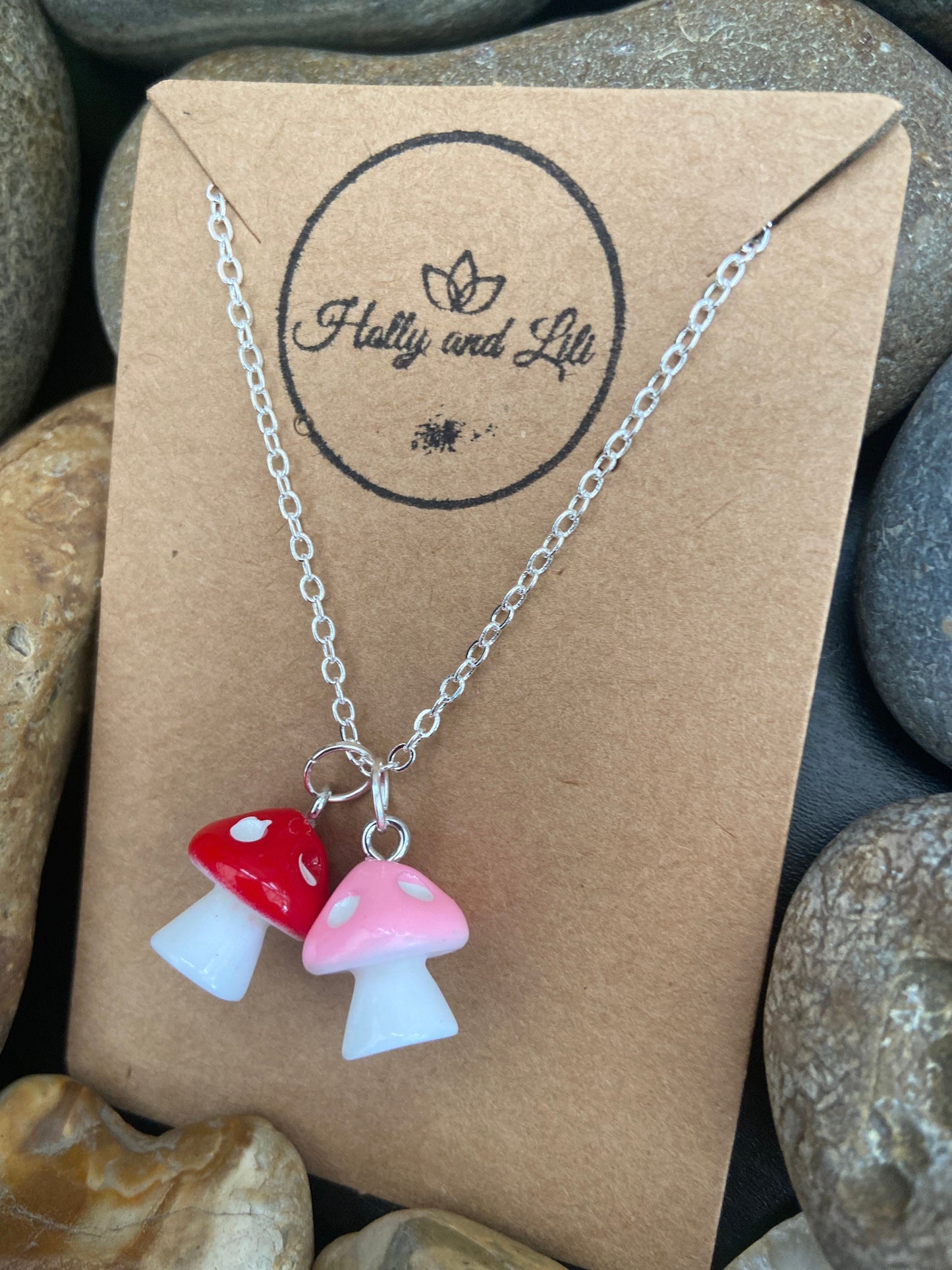 Mushroom 2 Charm Necklace, 8 Colours, Personalised Novelty Mushroom Pendant Necklace, First Necklace, Cute Unique Gifts, From Holly And Lili