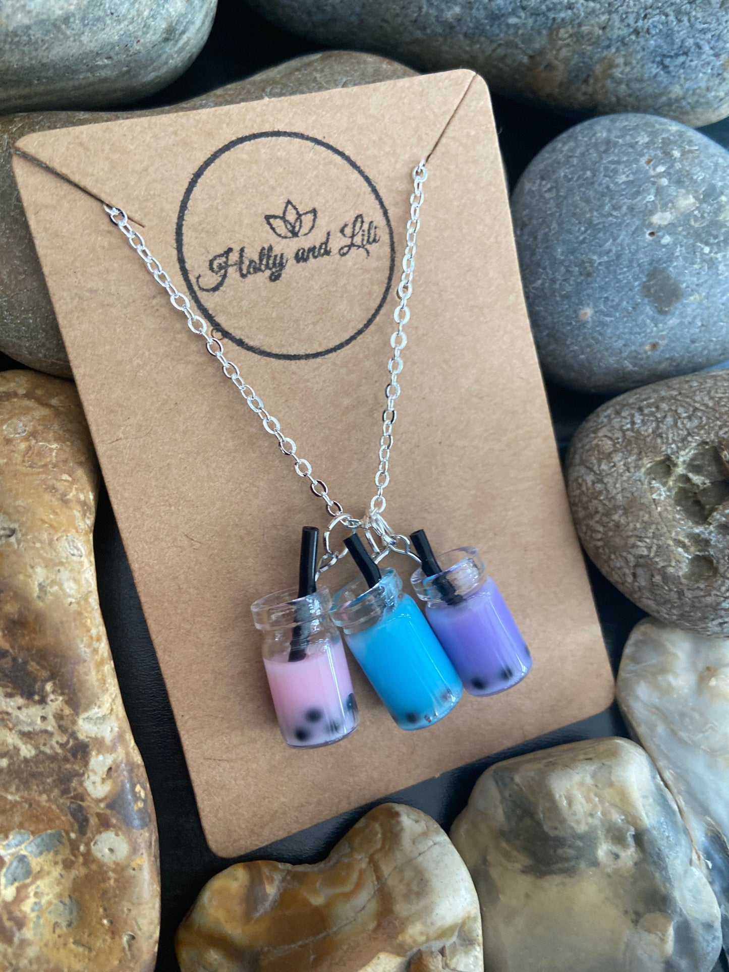 Bubble Tea Boba 3 Charm Necklace, 12 Colours,- Personalised Novelty Bubble Tea Boba Pendant Necklace, Handmade Unique Gifts, Holly And Lili