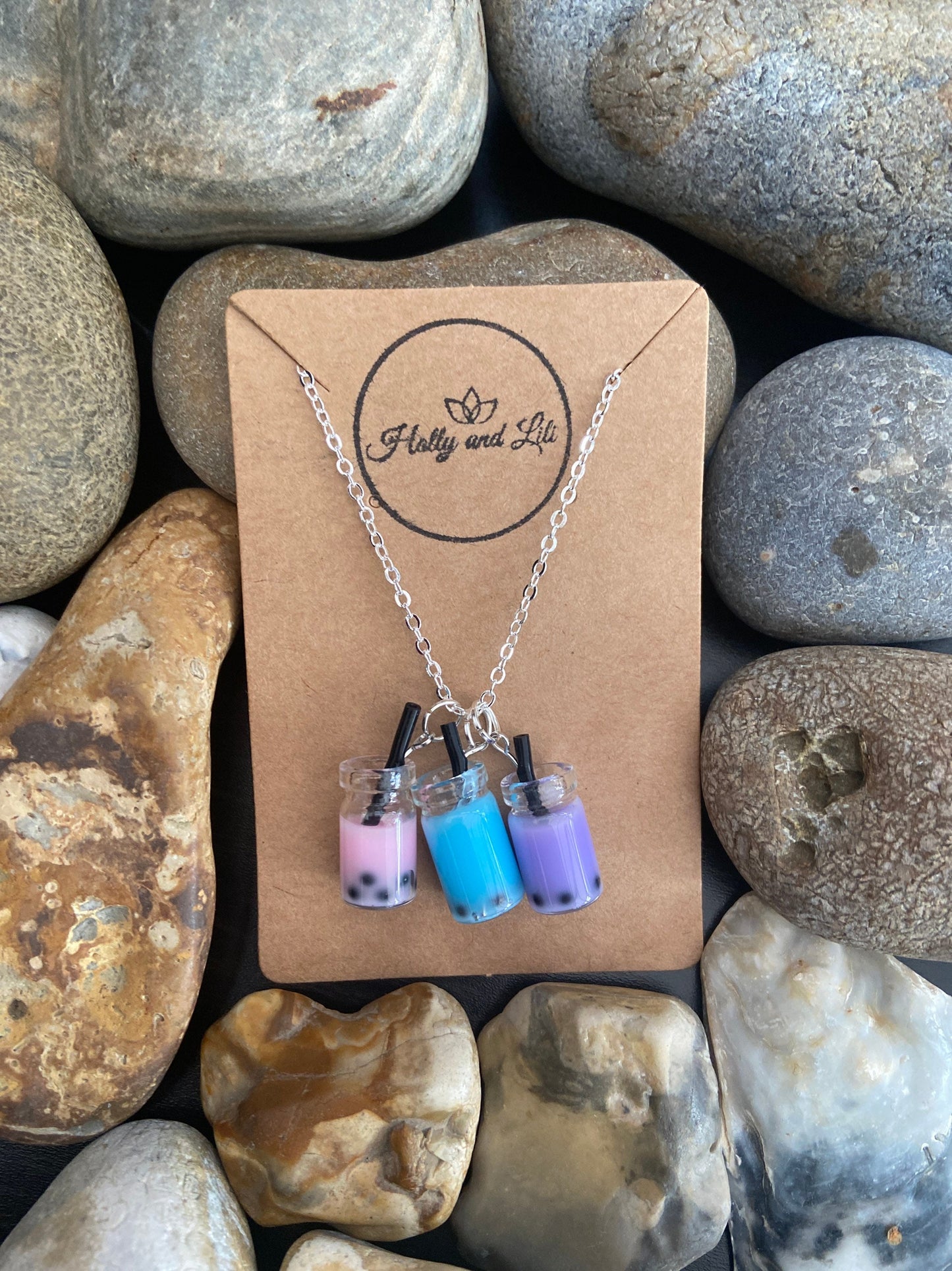 Bubble Tea Boba 3 Charm Necklace, 12 Colours,- Personalised Novelty Bubble Tea Boba Pendant Necklace, Handmade Unique Gifts, Holly And Lili