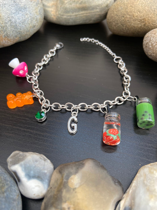 Bracelet Novelty Personalised Alphabet Initial Birthstone Charm Bubble Tea Gummy Bear Mushroom & Fruit Water