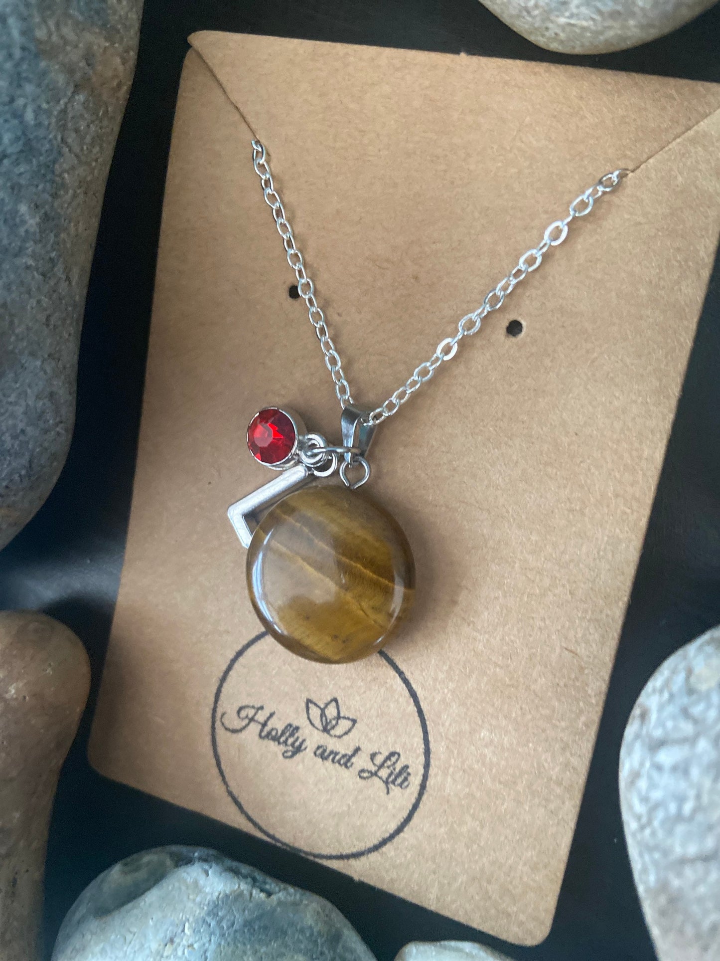 Tigers Eye Crystal  Personalised Pendant Necklace, Alphabet Initial, Birthstone Charm, Round Crystal Charm, Crystal Agate, Sand Stone Chains