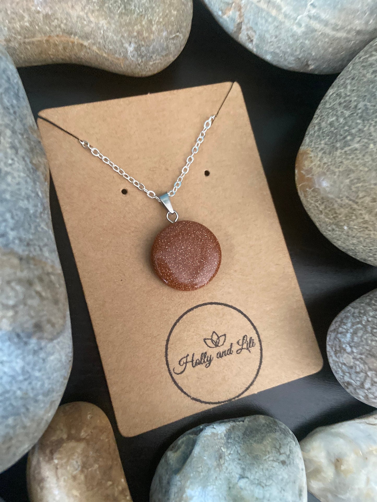 Goldstone Worry Crystal Personalised Pendant Necklace, Alphabet Initial, Birthstone Charm, Round Crystal Charm, Crystal Agate, Sand Stone