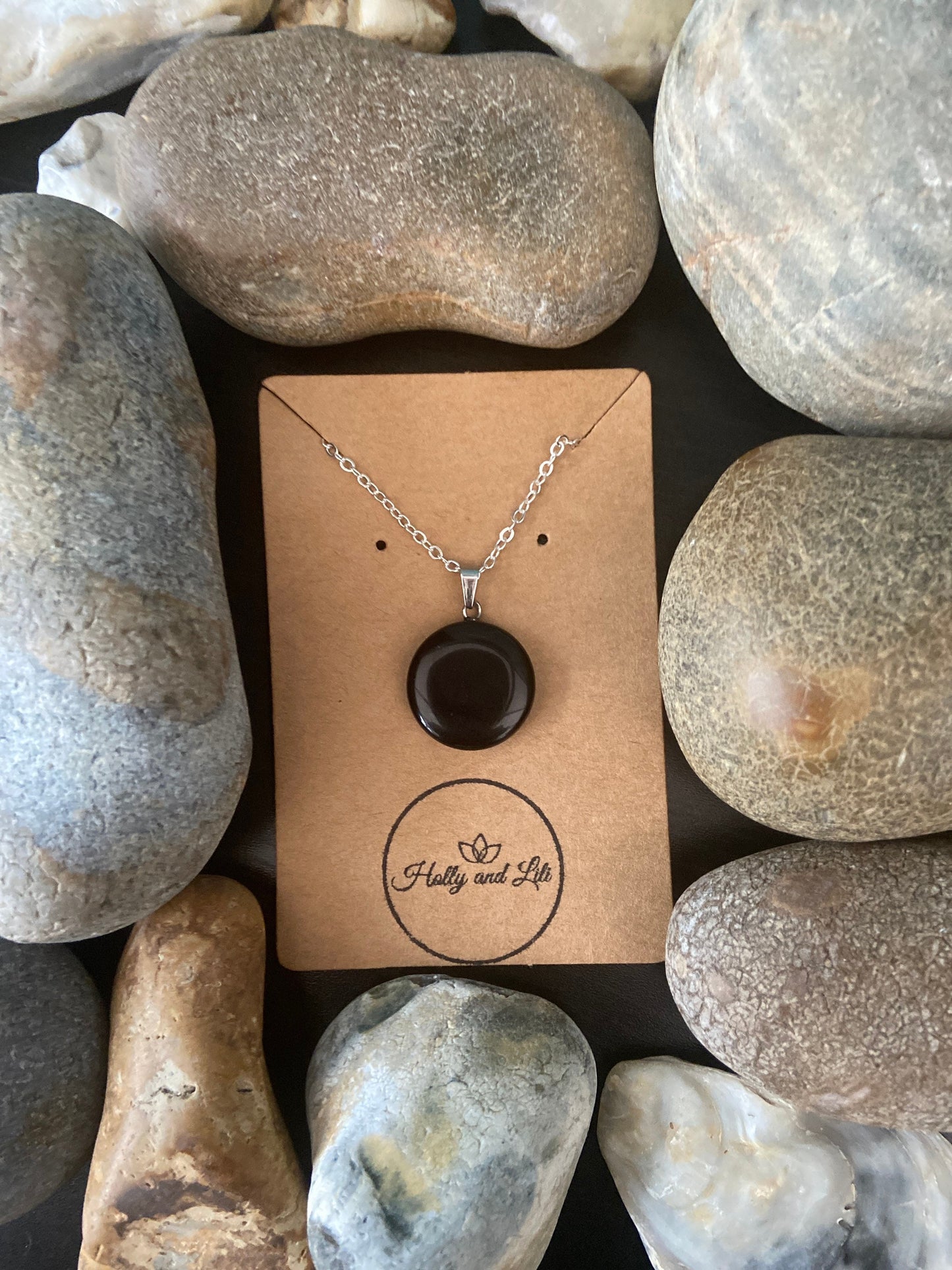 Black Onyx Crystal Personalised Pendant Necklace, Alphabet Initial, Birthstone Charm, Round Crystal Charm, Crystal Agate, Sand Stone Chains