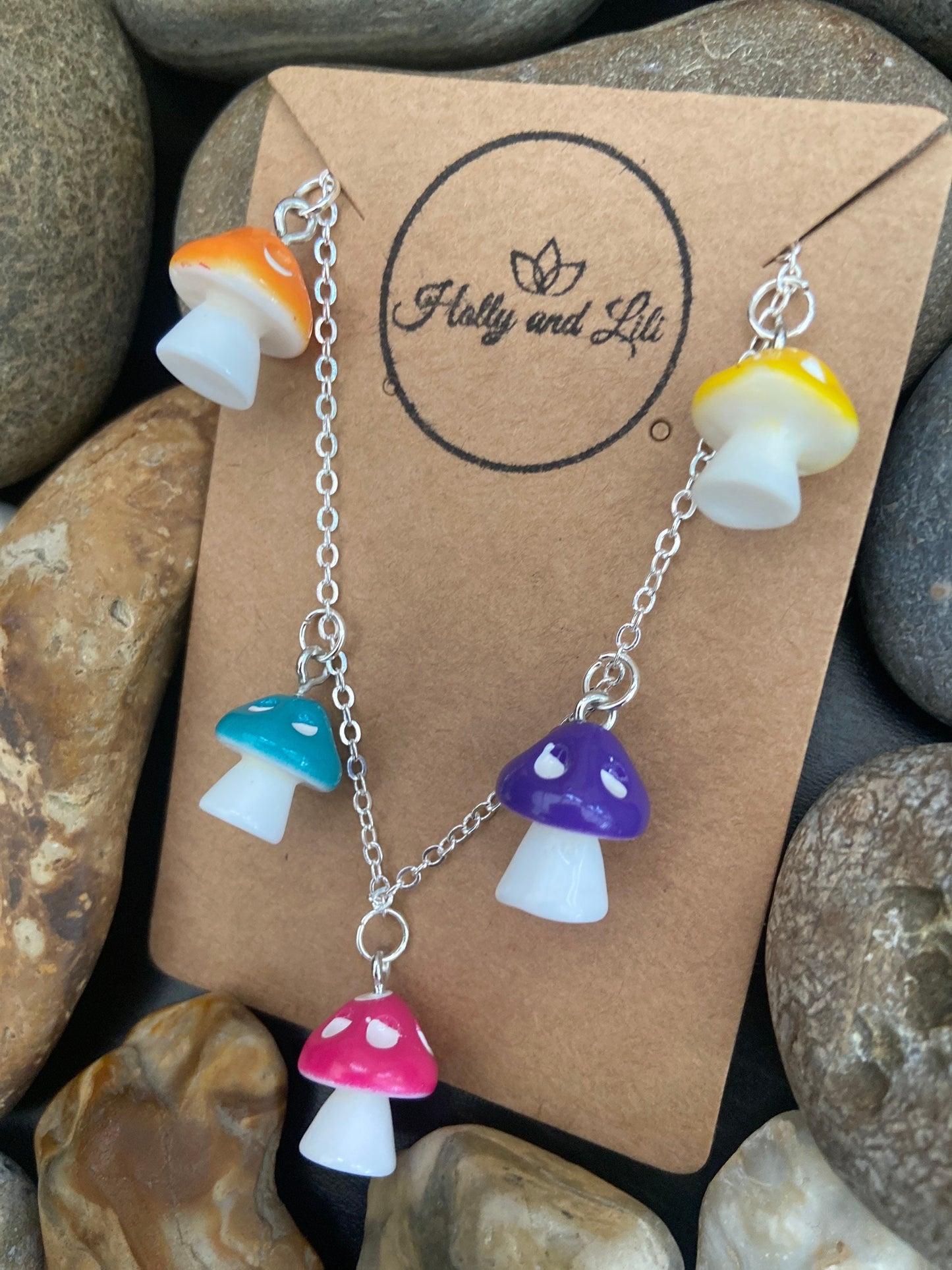 Mushroom 5 Charm Necklace, 8 Colours, Personalised Novelty Mushroom Pendant Necklace, First Necklace, Cute Unique Gifts, From Holly And Lili