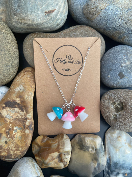 Mushroom 3 Charm Necklace, 8 Colours, Personalised Novelty Mushroom Pendant Necklace, First Necklace, Cute Unique Gifts, From Holly And Lili