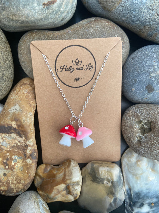 Mushroom 2 Charm Necklace, 8 Colours, Personalised Novelty Mushroom Pendant Necklace, First Necklace, Cute Unique Gifts, From Holly And Lili