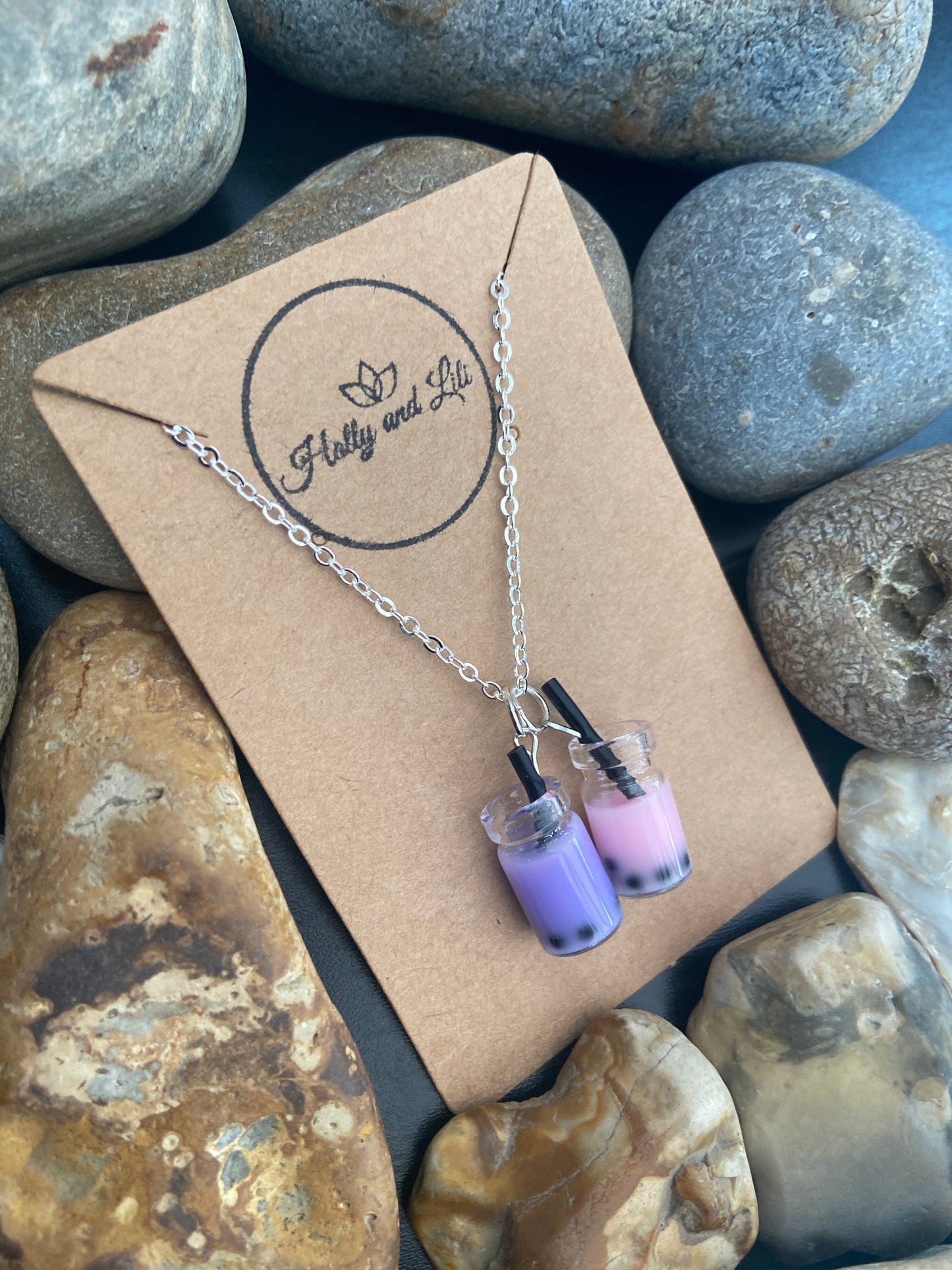 Bubble Tea Boba 2 Charm Necklace, 12 Colours, Personalised Novelty Bubble Tea Drink Pendant Necklace,  Handmade Gift From Holly And Lili