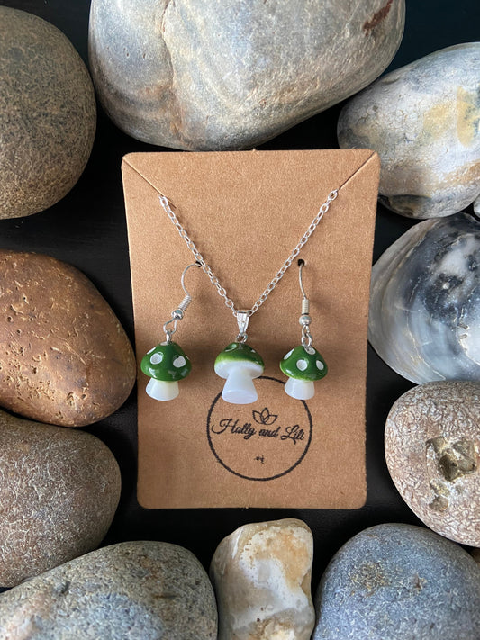 Mushroom Green Charm Drop & Dangle Earrings, Novelty Mushy Necklace Pendant, Mushy Gift Set, Mini Mushrooms, Shrooms, Toadstool, Gift 4 BFF