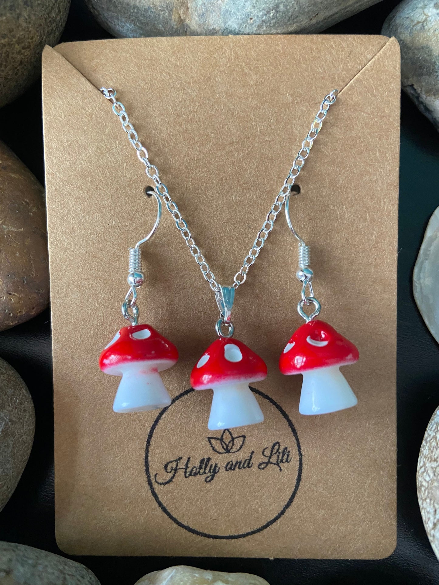 Mushroom Red Charm Drop & Dangle Earrings , Handmade Novelty Mushy Necklace Pendant, Gift Set, Mini Mushrooms, Shrooms, Toadstool, For BFF