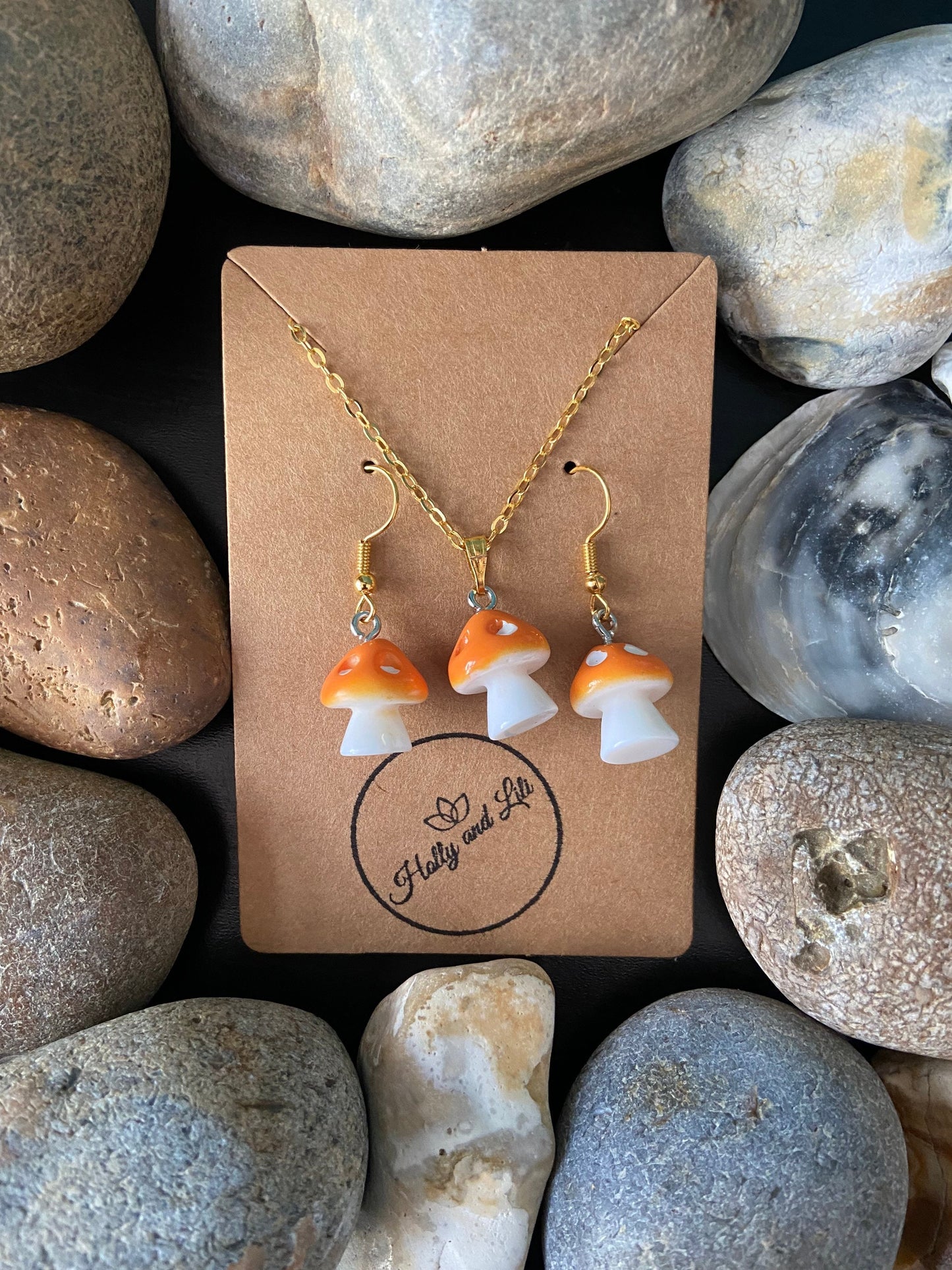 Mushroom Orange Charm Drop & Dangle Earrings, Novelty Mushy Necklace Pendant, Orange Mushy Gift Set, Mini Mushrooms, Shrooms, Toadstool, BFF