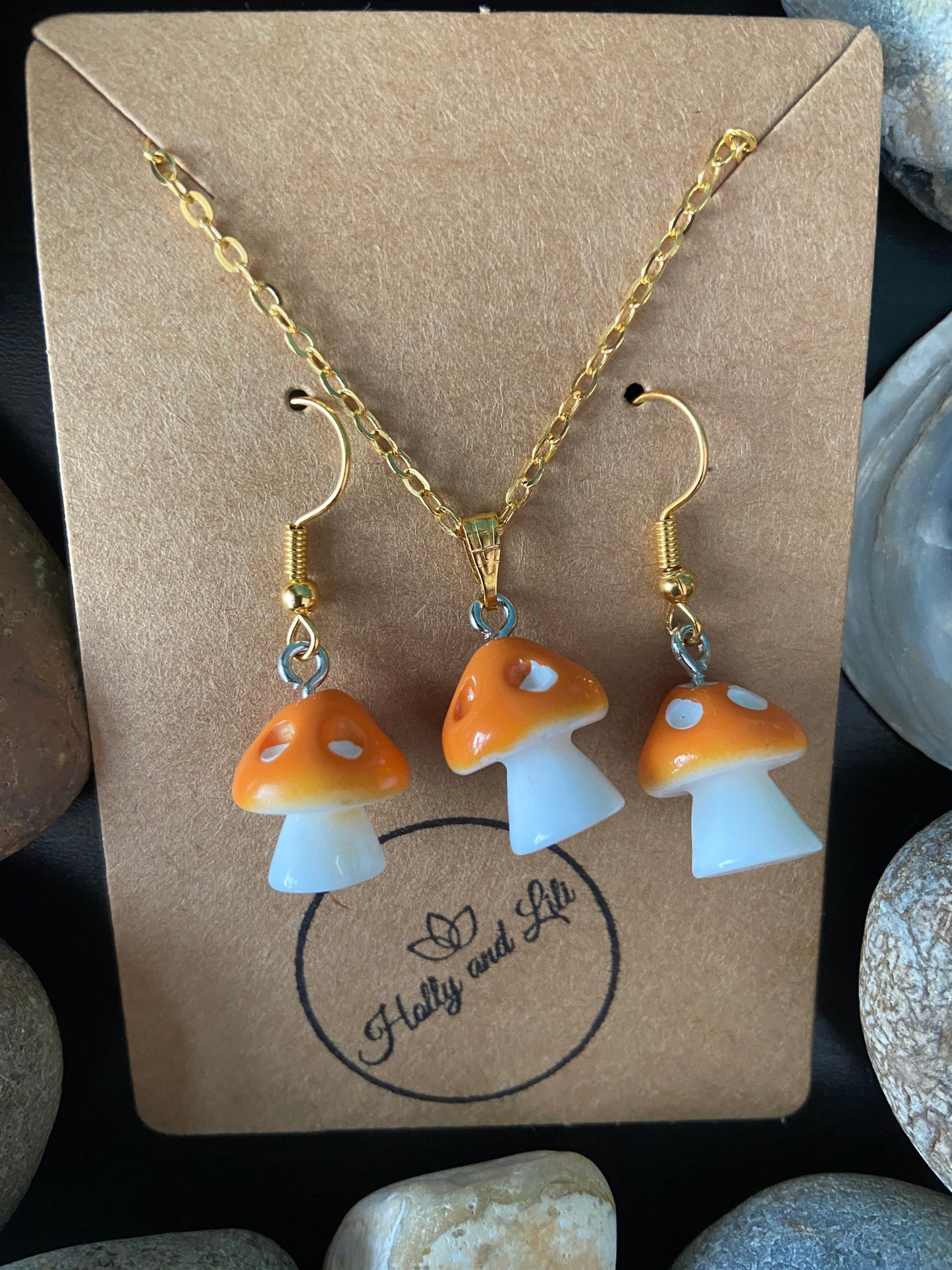 Mushroom Orange Charm Drop & Dangle Earrings, Novelty Mushy Necklace Pendant, Orange Mushy Gift Set, Mini Mushrooms, Shrooms, Toadstool, BFF