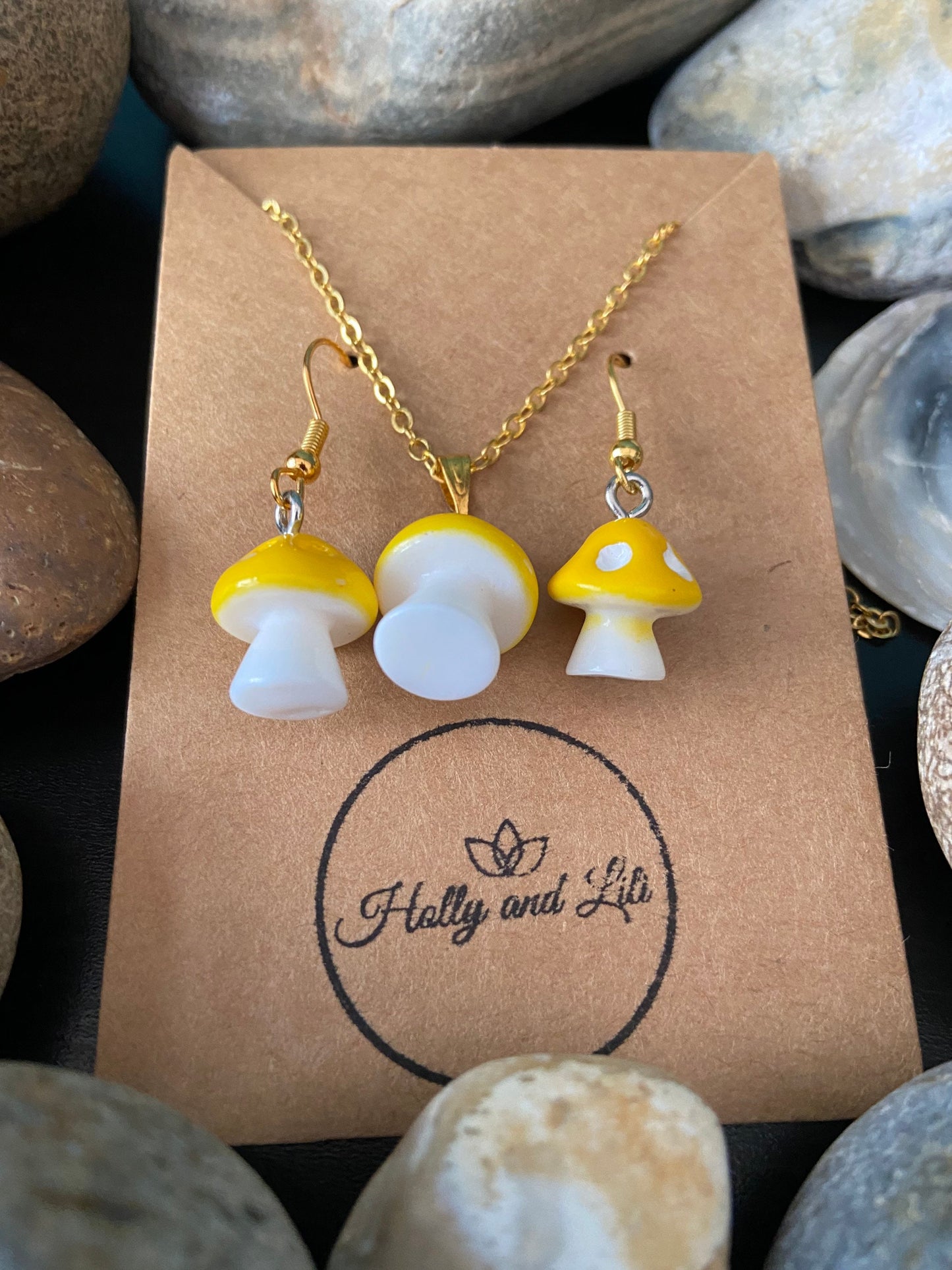 Mushroom Yellow Charm Drop & Dangle Earrings , Handmade Novelty Mushy Necklace Pendant, Gift Set, Mini Mushrooms, Shrooms, Toadstool, Gifts