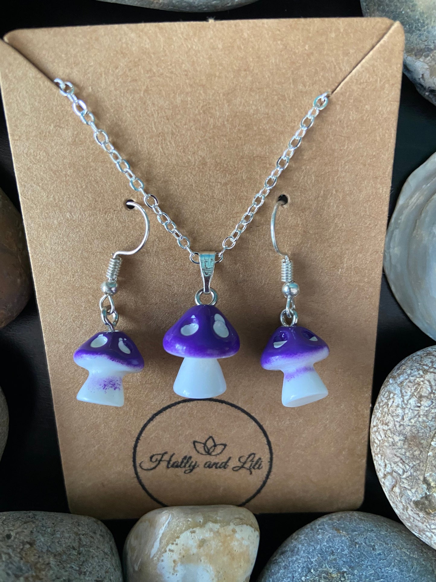 Mushroom purple Charm Drop & Dangle Earrings, Novelty Mushy Necklace Pendant, Purple Mushy Gift Set, Mini Mushrooms, Shrooms, Toadstool, BFF