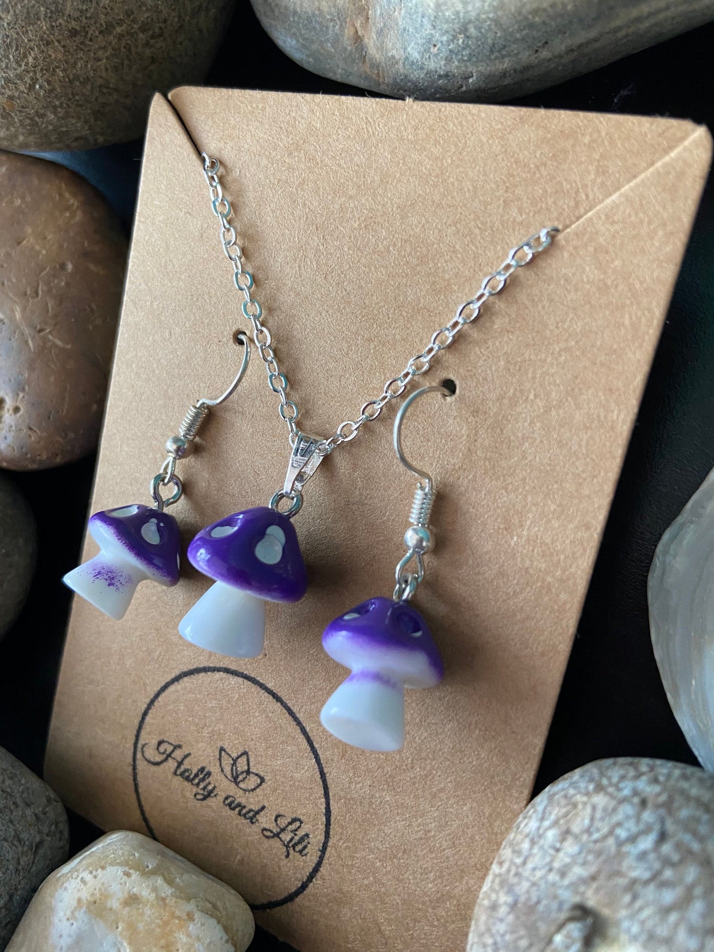 Mushroom purple Charm Drop & Dangle Earrings, Novelty Mushy Necklace Pendant, Purple Mushy Gift Set, Mini Mushrooms, Shrooms, Toadstool, BFF