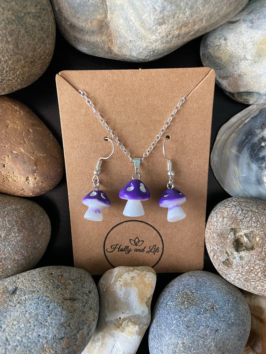 Mushroom purple Charm Drop & Dangle Earrings, Novelty Mushy Necklace Pendant, Purple Mushy Gift Set, Mini Mushrooms, Shrooms, Toadstool, BFF