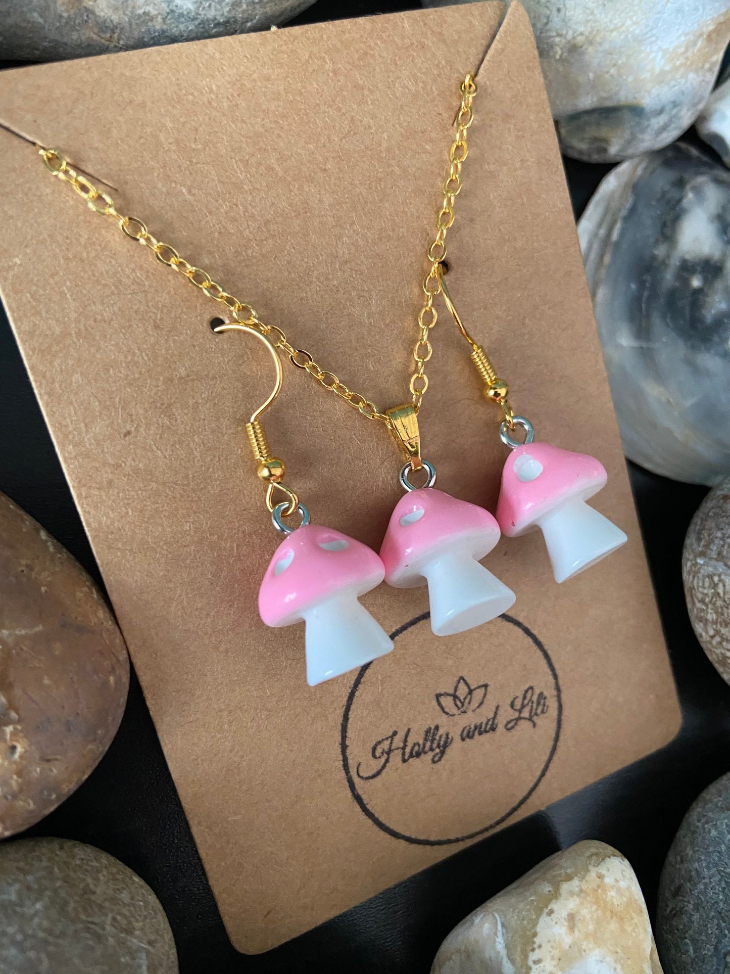 Mushroom Light Pink Charm Drop & Dangle Earrings, Handmade Novelty Pendant, Gift Set, Pink Mushrooms, Pink Shrooms, Pink Toadstool, For Bff