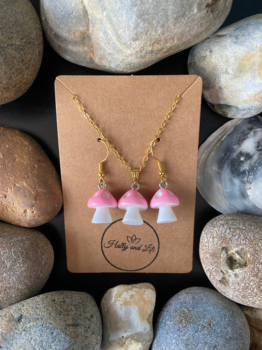 Mushroom Light Pink Charm Drop & Dangle Earrings, Handmade Novelty Pendant, Gift Set, Pink Mushrooms, Pink Shrooms, Pink Toadstool, For Bff