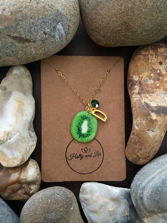 Kiwi Oval Fruit Slice, Personalised Pendant Charm Necklace,  Alphabet Initials, Birthstone Charms, First Necklace, Unique Gift For Daughter