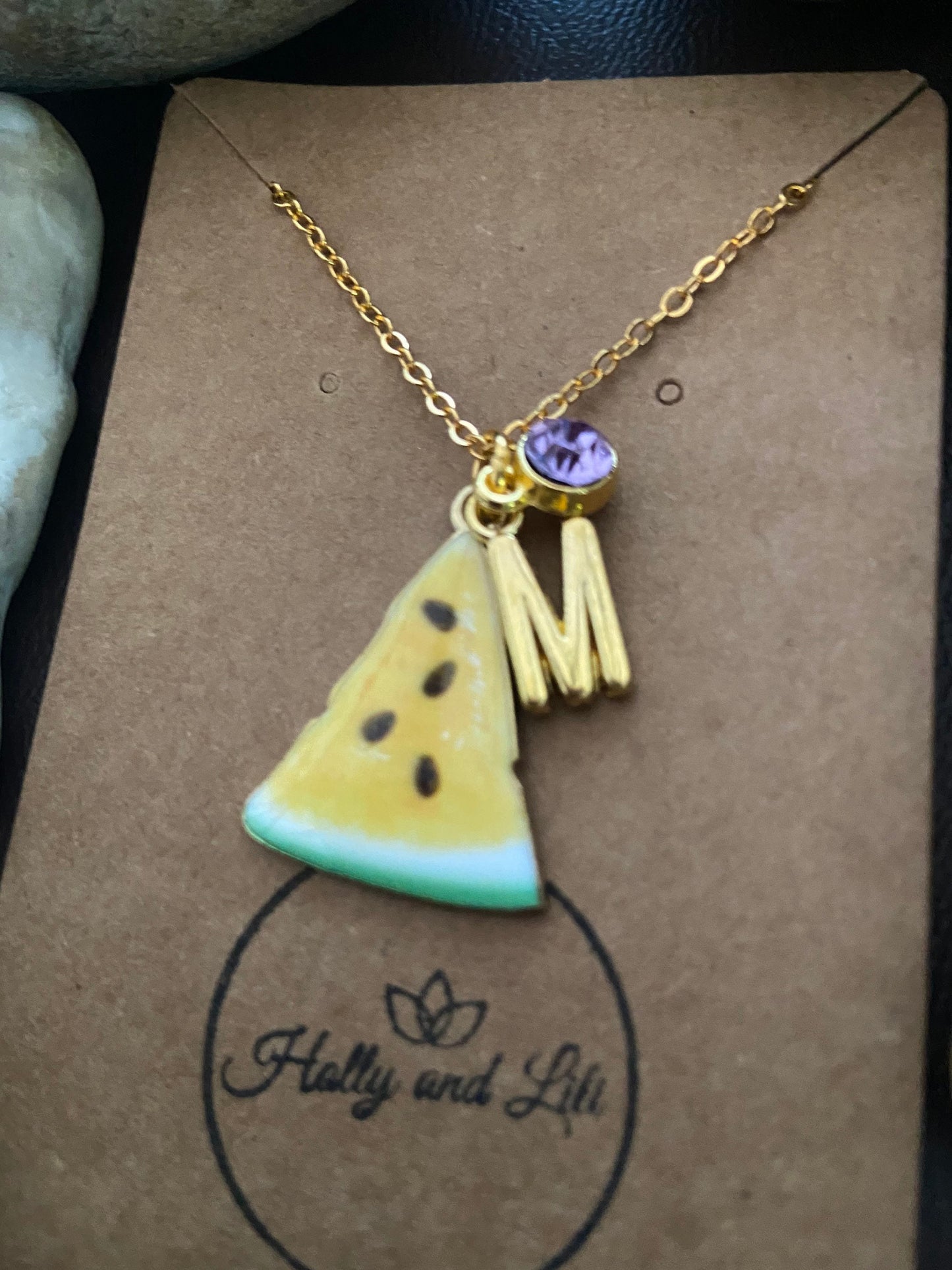 Melon Fruit Slice, Personalised Pendant Charm Necklace,  Alphabet Initials, Birthstone Charms, First Necklace, Unique Gift For Daughter, BFF