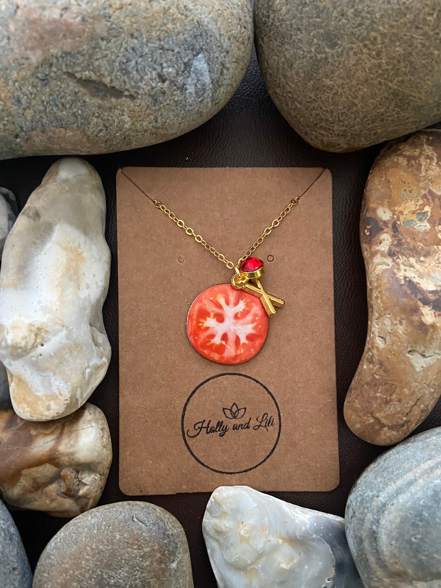 Tomato Fruit Slice, Personalised Pendant Charm Necklace,  Alphabet Initials, Birthstone Charms, First Necklace, Unique Gift For Daughter