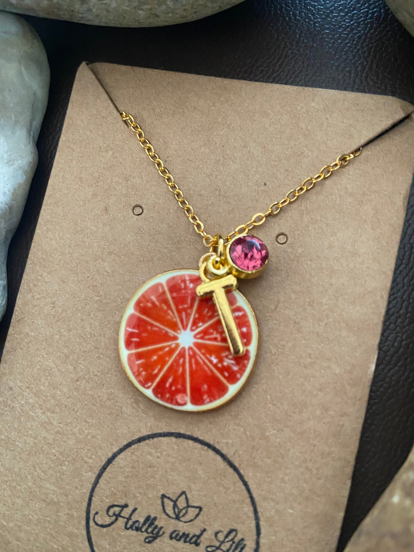 Grapefruit Fruit Slice, Personalised Pendant Charm Necklace,  Alphabet Initials, Birthstone Charms, First Necklace, Unique Gift For Daughter