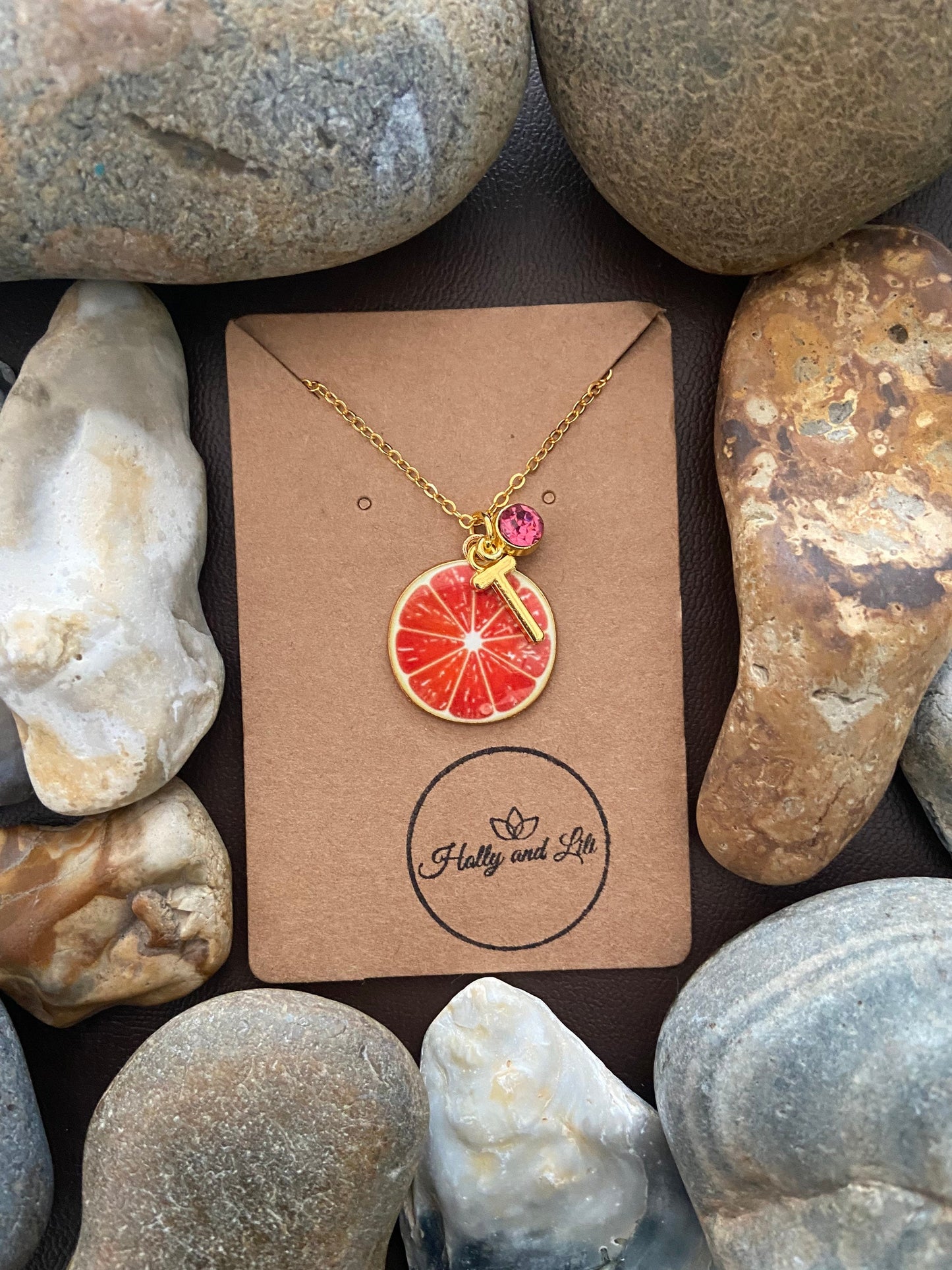 Grapefruit Fruit Slice, Personalised Pendant Charm Necklace,  Alphabet Initials, Birthstone Charms, First Necklace, Unique Gift For Daughter