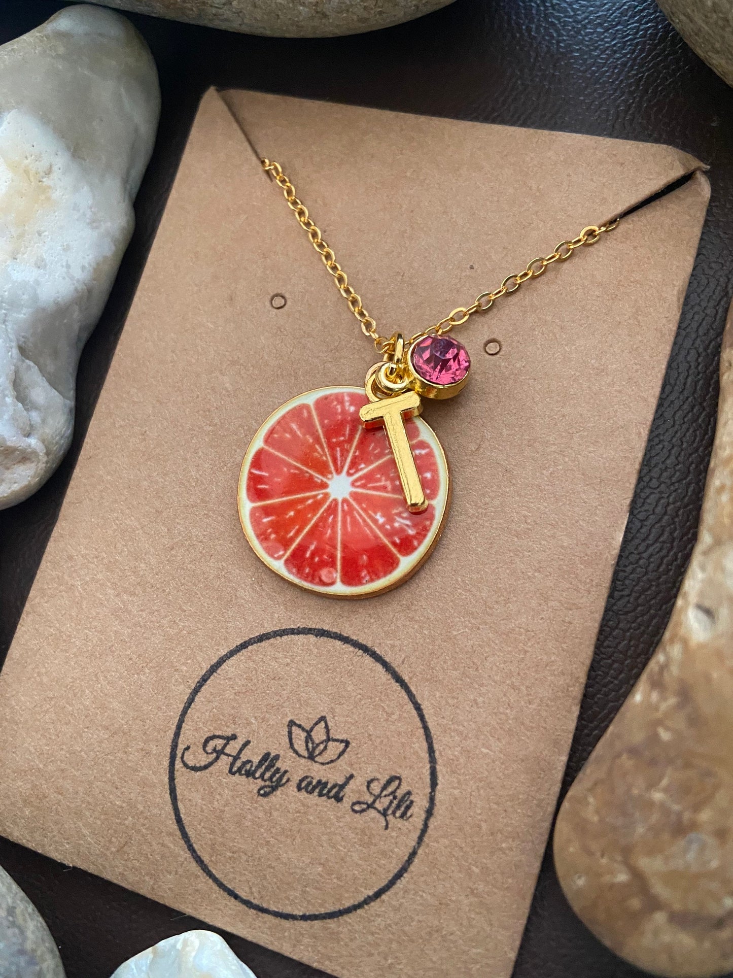 Grapefruit Fruit Slice, Personalised Pendant Charm Necklace,  Alphabet Initials, Birthstone Charms, First Necklace, Unique Gift For Daughter