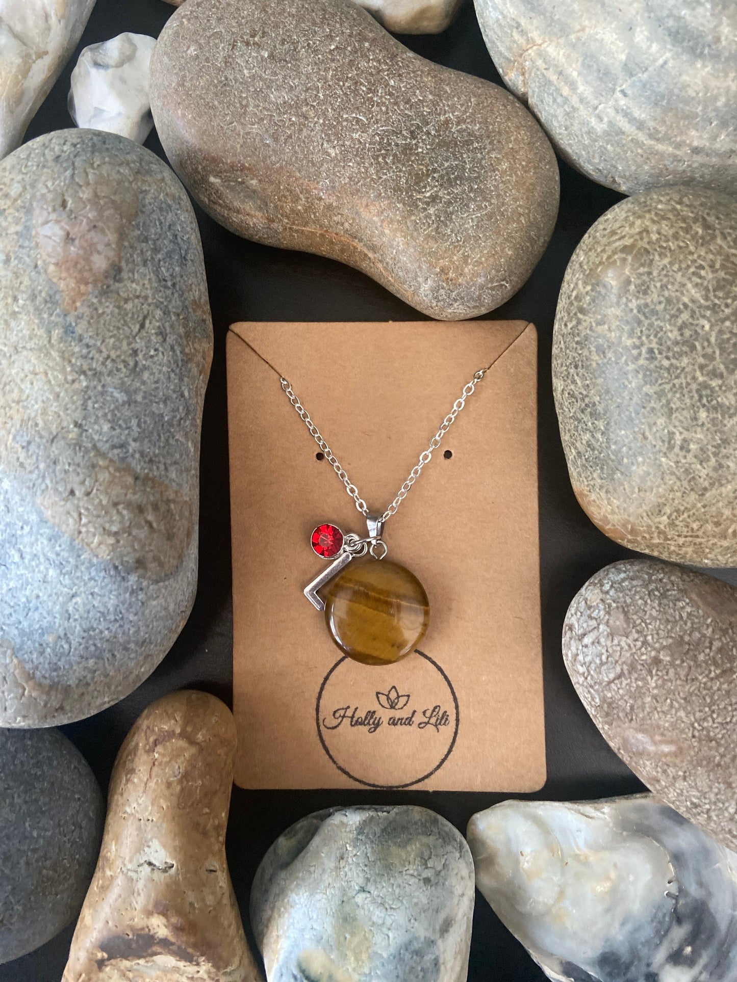 Tigers Eye Crystal  Personalised Pendant Necklace, Alphabet Initial, Birthstone Charm, Round Crystal Charm, Crystal Agate, Sand Stone Chains