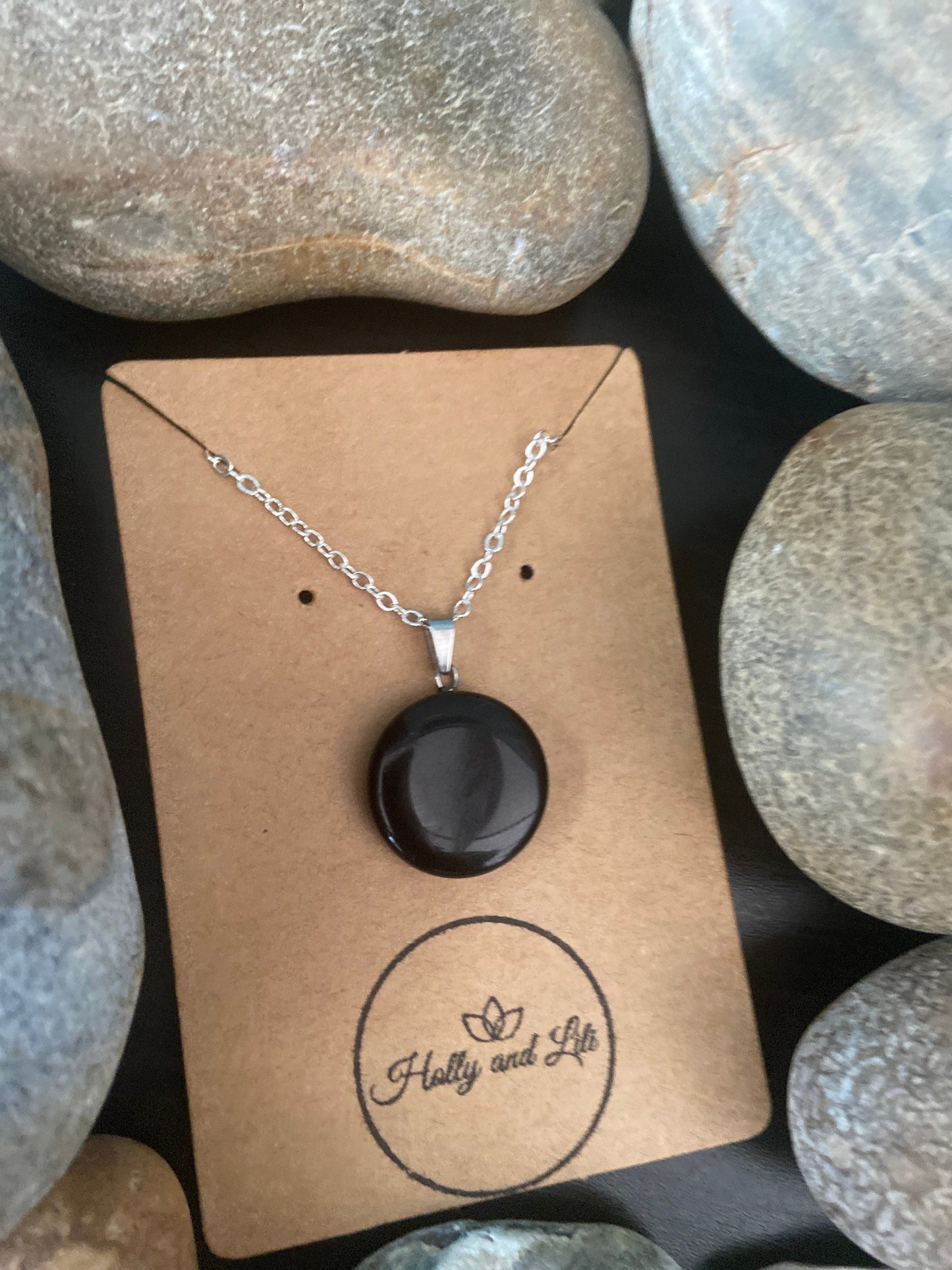 Black Onyx Crystal Personalised Pendant Necklace, Alphabet Initial, Birthstone Charm, Round Crystal Charm, Crystal Agate, Sand Stone Chains