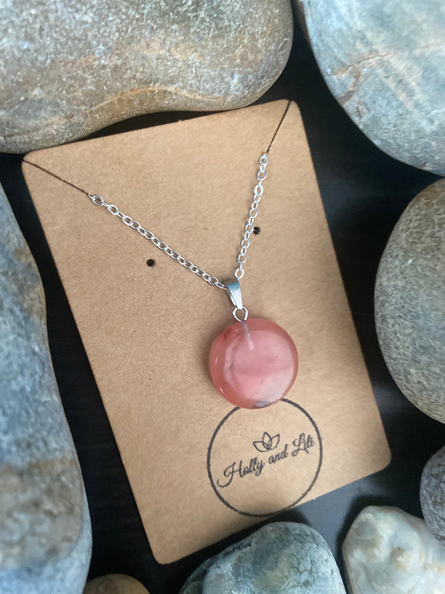 Pink Rose Quartz Crystal Personalised Pendant Necklace, Alphabet Initial, Birthstone Charm, Round Crystal Charm, Crystal Agate, Sandstone