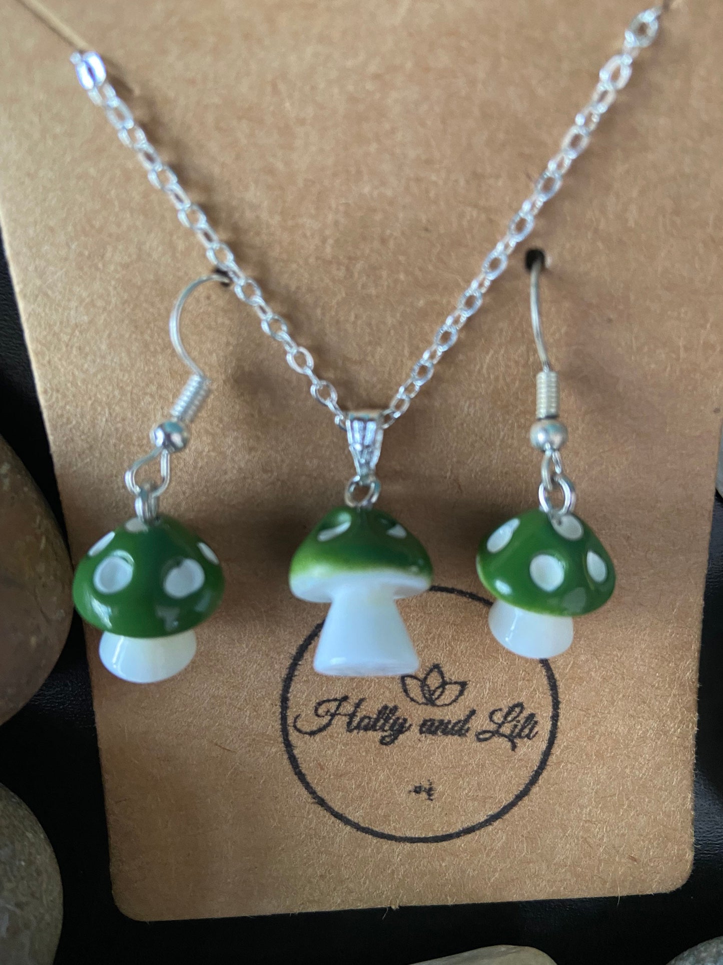 Mushroom Green Charm Drop & Dangle Earrings, Novelty Mushy Necklace Pendant, Mushy Gift Set, Mini Mushrooms, Shrooms, Toadstool, Gift 4 BFF