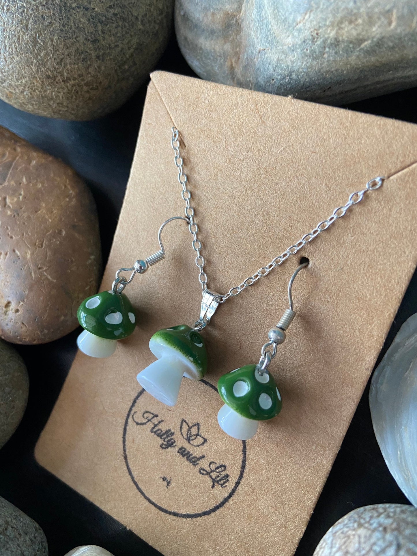 Mushroom Green Charm Drop & Dangle Earrings, Novelty Mushy Necklace Pendant, Mushy Gift Set, Mini Mushrooms, Shrooms, Toadstool, Gift 4 BFF