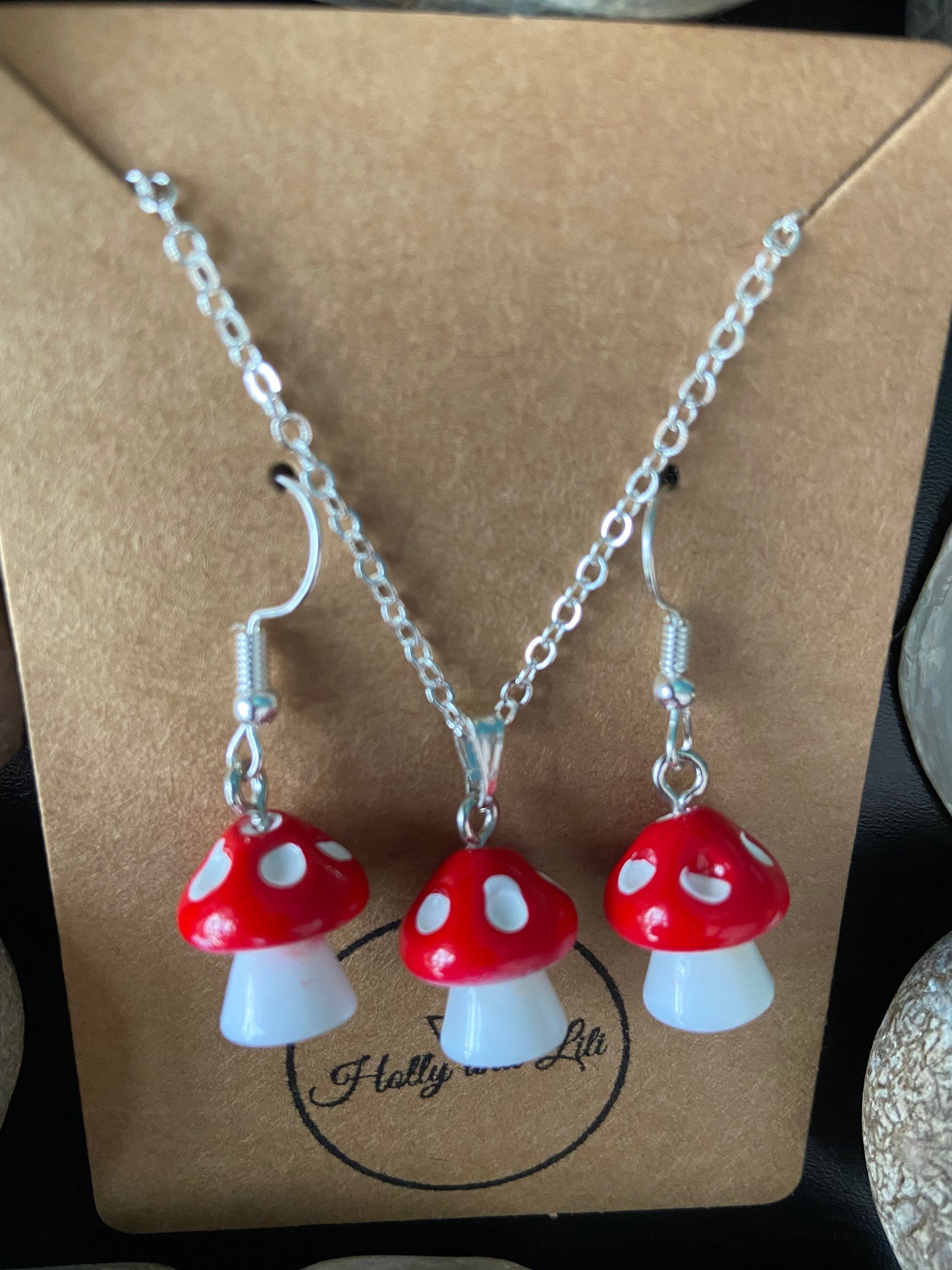 Mushroom Red Charm Drop & Dangle Earrings , Handmade Novelty Mushy Necklace Pendant, Gift Set, Mini Mushrooms, Shrooms, Toadstool, For BFF