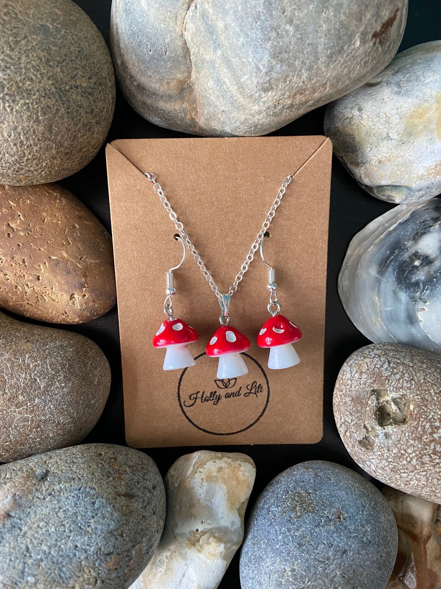 Mushroom Red Charm Drop & Dangle Earrings , Handmade Novelty Mushy Necklace Pendant, Gift Set, Mini Mushrooms, Shrooms, Toadstool, For BFF