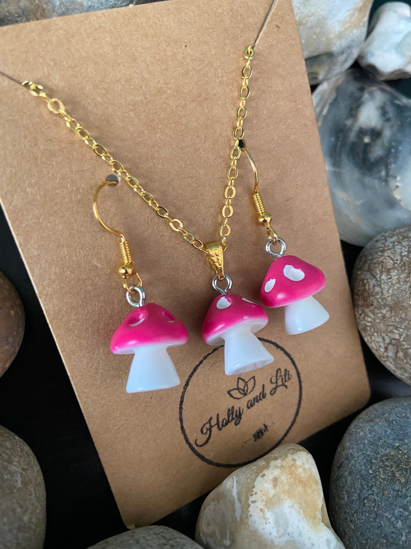 Mushroom Dark Pink Charm Drop & Dangle Earrings, Handmade Novelty Mushy Necklace Pendant, Gift Set, Mini Mushroom, Shrooms, Toadstool, Gifts