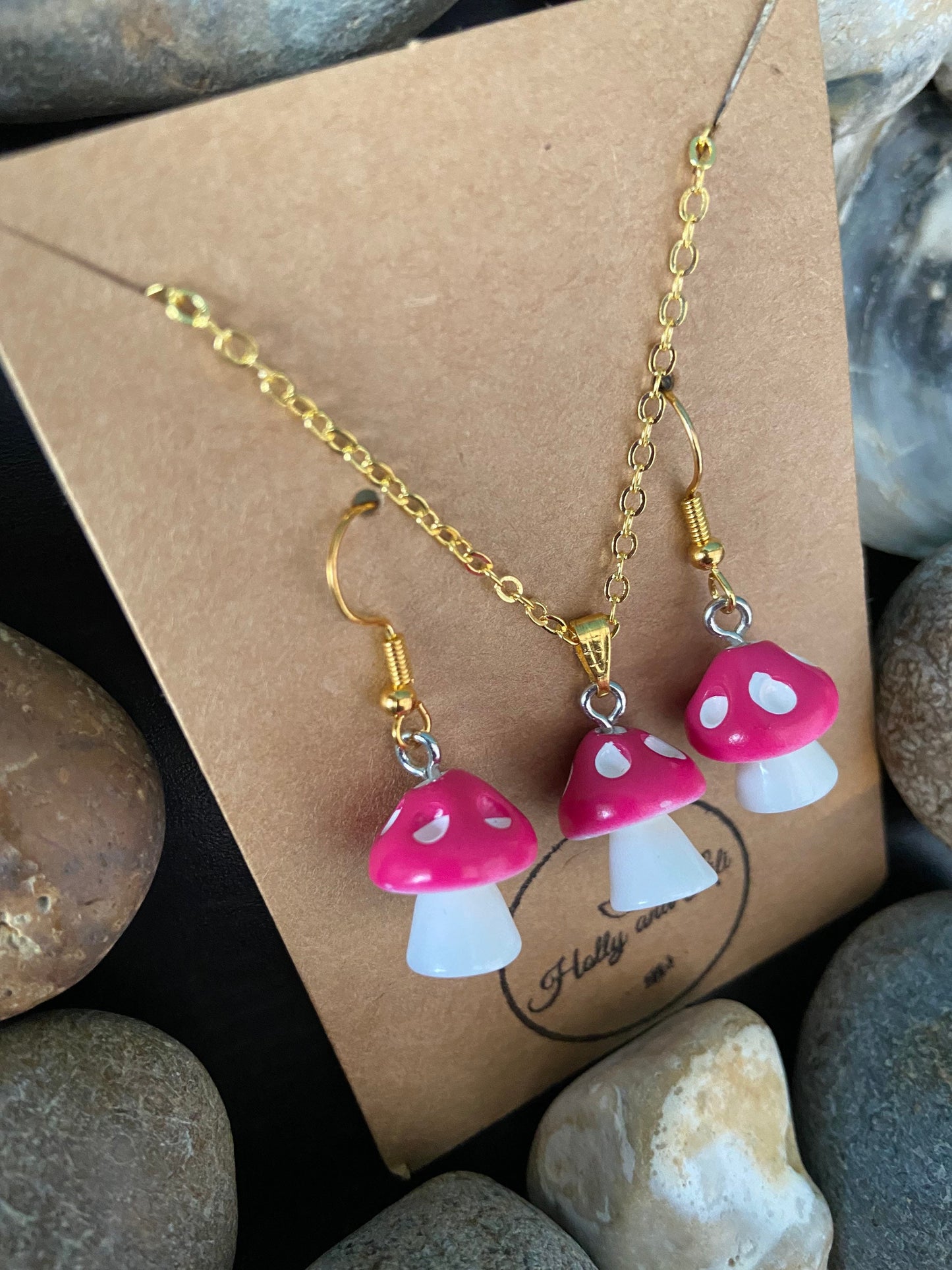 Mushroom Dark Pink Charm Drop & Dangle Earrings, Handmade Novelty Mushy Necklace Pendant, Gift Set, Mini Mushroom, Shrooms, Toadstool, Gifts