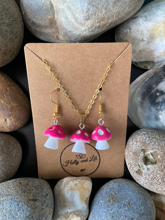 Mushroom Dark Pink Charm Drop & Dangle Earrings, Handmade Novelty Mushy Necklace Pendant, Gift Set, Mini Mushroom, Shrooms, Toadstool, Gifts