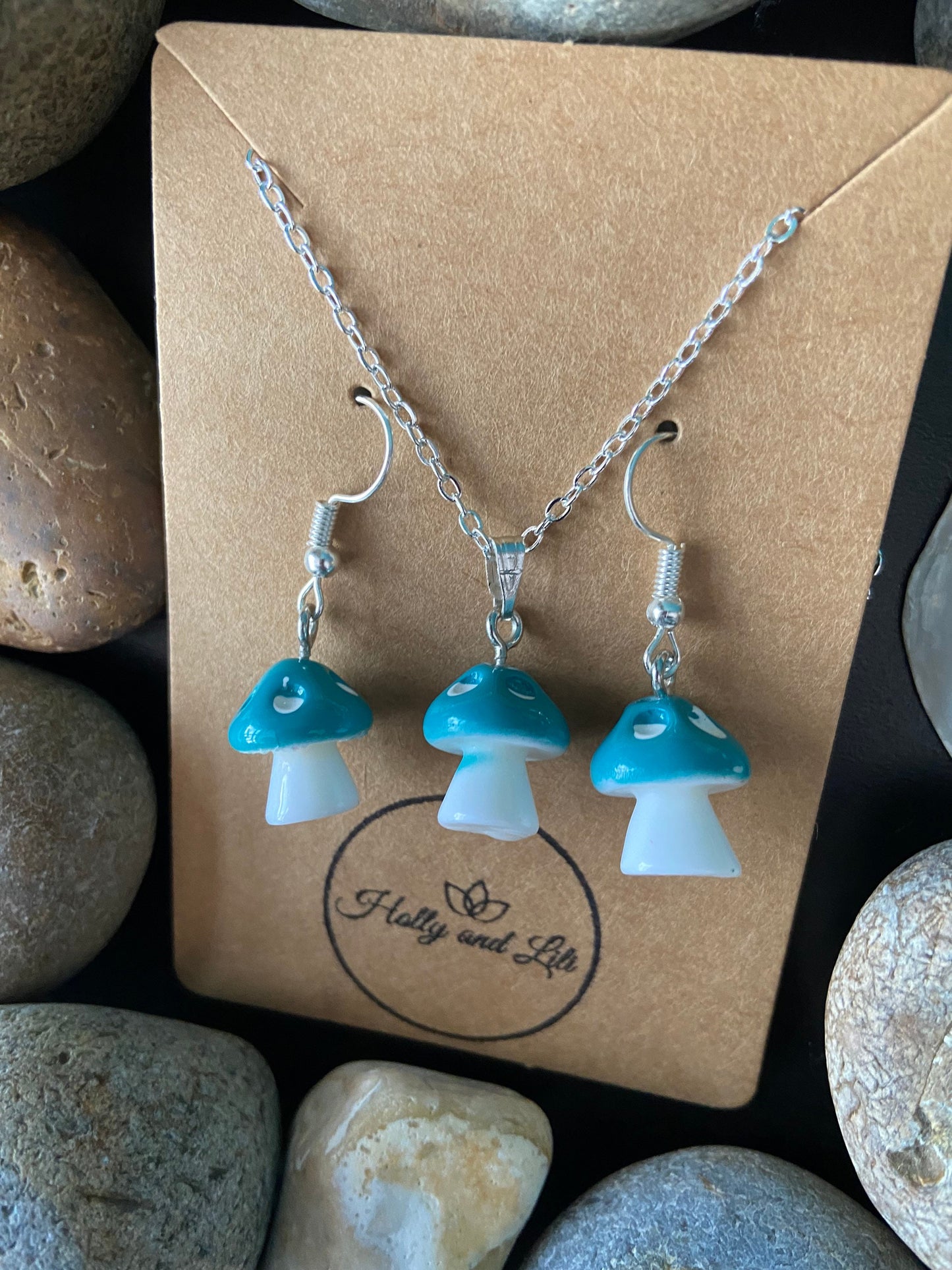 Mushroom Blue Charm Drop & Dangle Earrings, Novelty Mushy Necklace Pendant, Blue Mushy Gift Set, Mini Mushrooms, Shrooms, Toadstool, For BFF