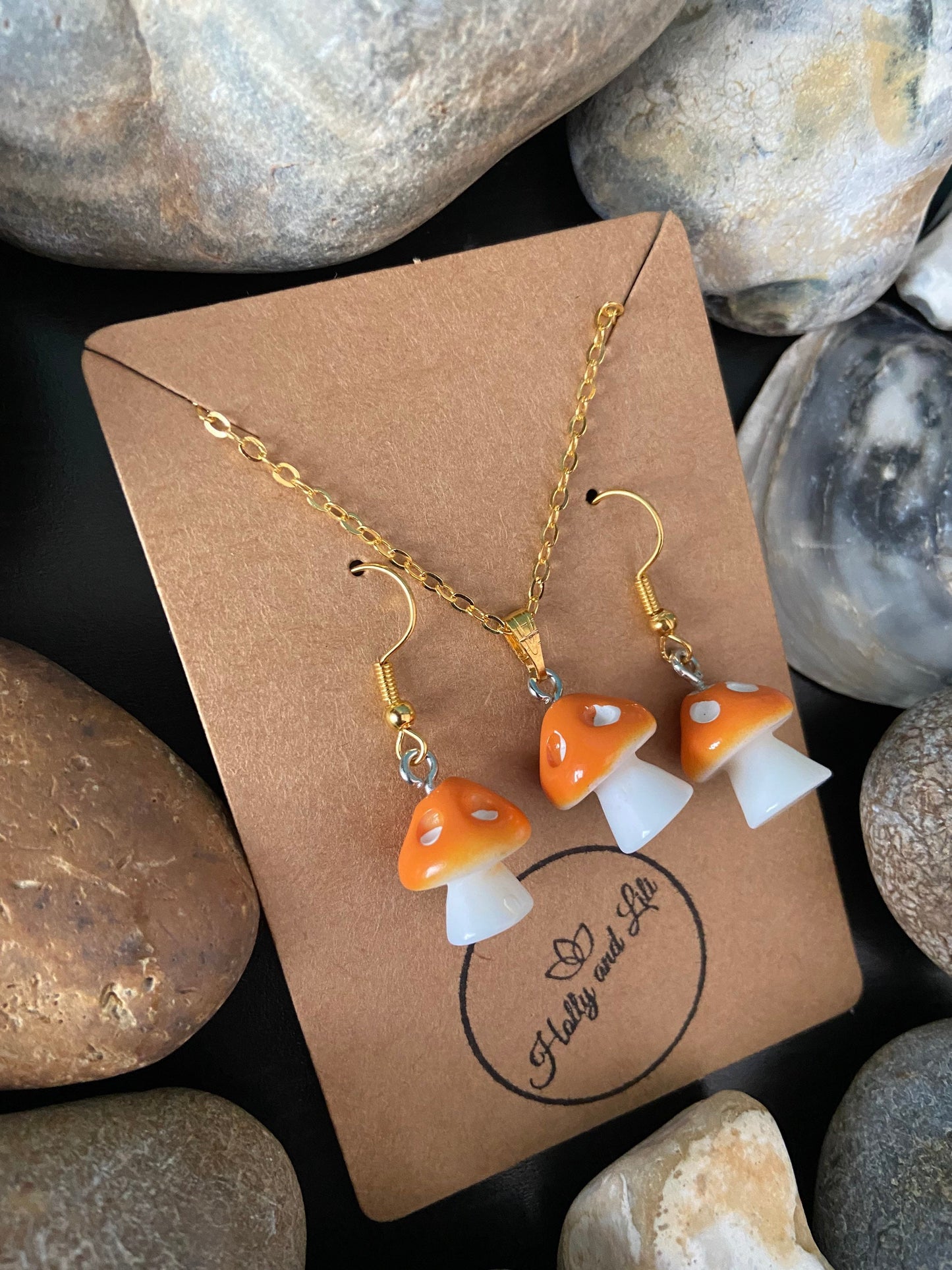 Mushroom Orange Charm Drop & Dangle Earrings, Novelty Mushy Necklace Pendant, Orange Mushy Gift Set, Mini Mushrooms, Shrooms, Toadstool, BFF