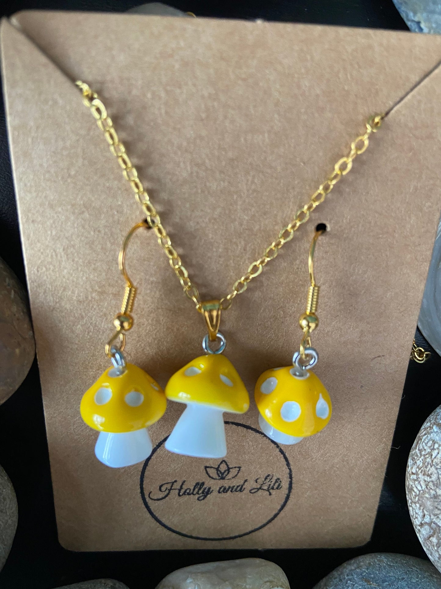 Mushroom Yellow Charm Drop & Dangle Earrings , Handmade Novelty Mushy Necklace Pendant, Gift Set, Mini Mushrooms, Shrooms, Toadstool, Gifts