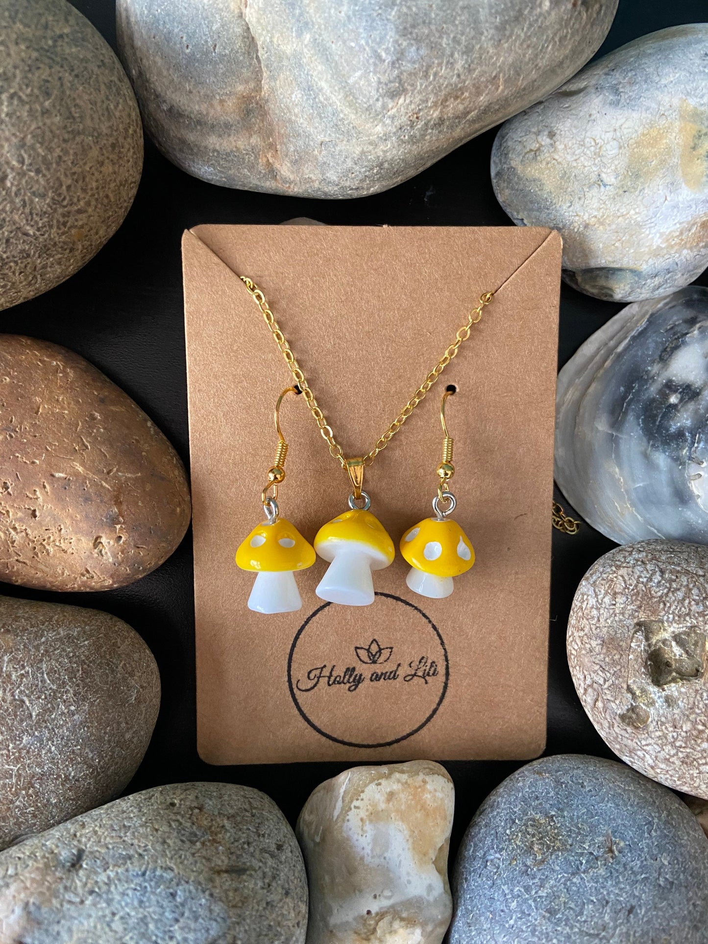 Mushroom Yellow Charm Drop & Dangle Earrings , Handmade Novelty Mushy Necklace Pendant, Gift Set, Mini Mushrooms, Shrooms, Toadstool, Gifts