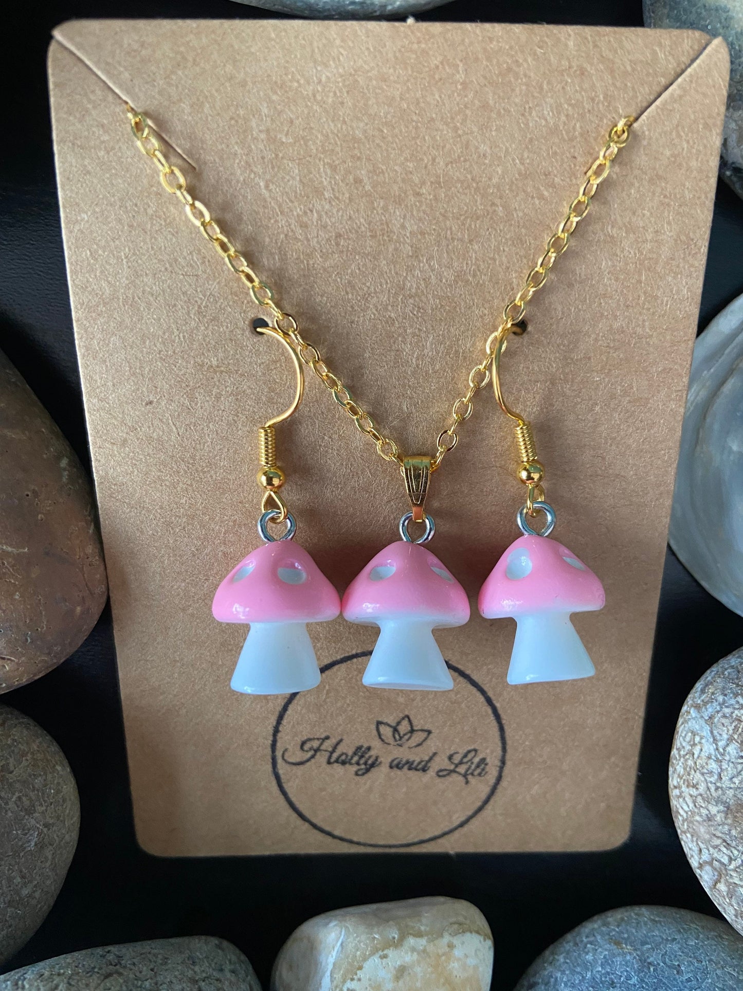 Mushroom Light Pink Charm Drop & Dangle Earrings, Handmade Novelty Pendant, Gift Set, Pink Mushrooms, Pink Shrooms, Pink Toadstool, For Bff