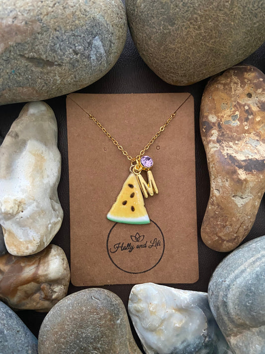 Melon Fruit Slice, Personalised Pendant Charm Necklace,  Alphabet Initials, Birthstone Charms, First Necklace, Unique Gift For Daughter, BFF