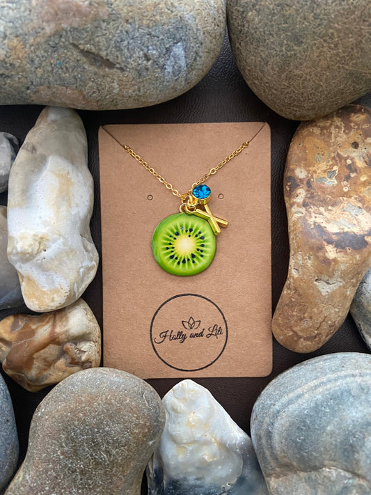 Kiwi Round Fruit Slice, Personalised Pendant Charm Necklace,  Alphabet Initials, Birthstone Charms, First Necklace, Unique Gift For Daughter